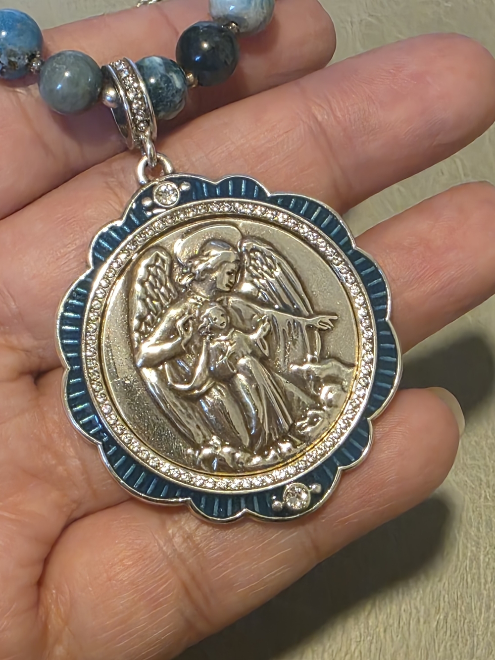 Brighton Blue Enamel Angel Medallion Necklace PROTECTION CATHOLIC RELIGIOUS